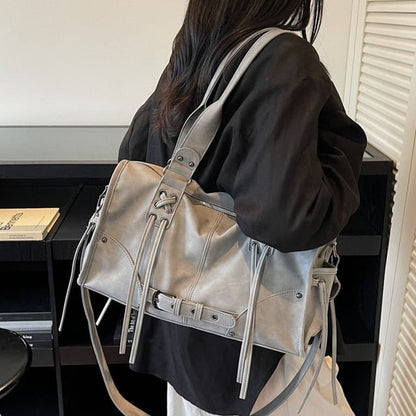 Lace Up Buckled Panel Shoulder Bag