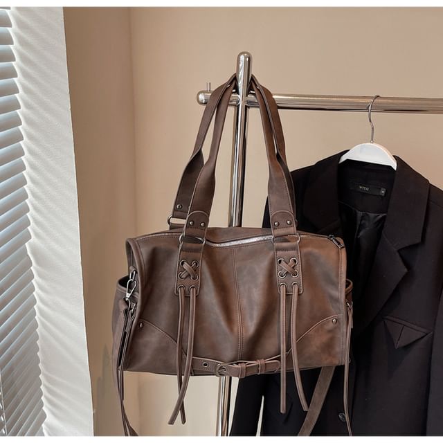 Lace Up Buckled Panel Shoulder Bag