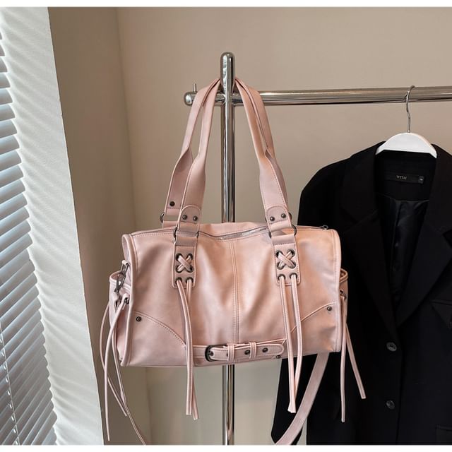 Lace Up Buckled Panel Shoulder Bag