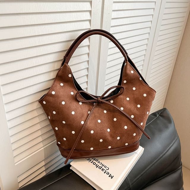 Faux Suede Polka Dot Print Shoulder Bag