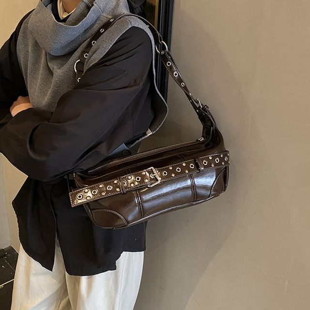 Grommet Belted Patent Leather Shoulder Bag