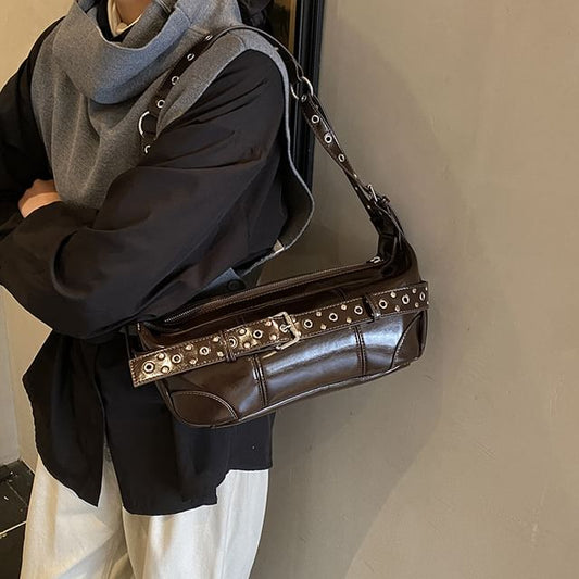 Grommet Belted Patent Leather Shoulder Bag