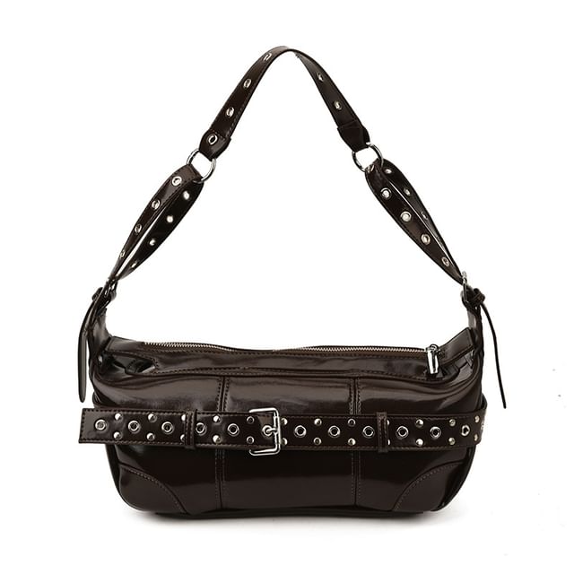 Grommet Belted Patent Leather Shoulder Bag