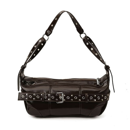Grommet Belted Patent Leather Shoulder Bag