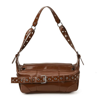 Grommet Belted Patent Leather Shoulder Bag
