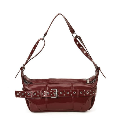 Grommet Belted Patent Leather Shoulder Bag