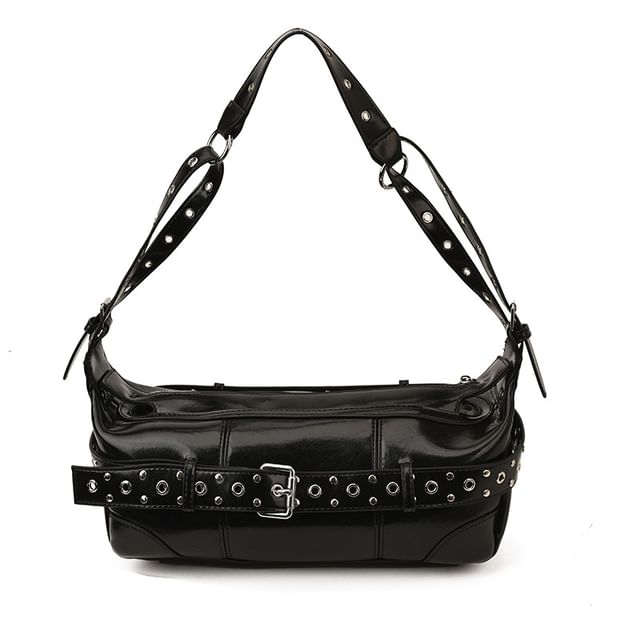 Grommet Belted Patent Leather Shoulder Bag