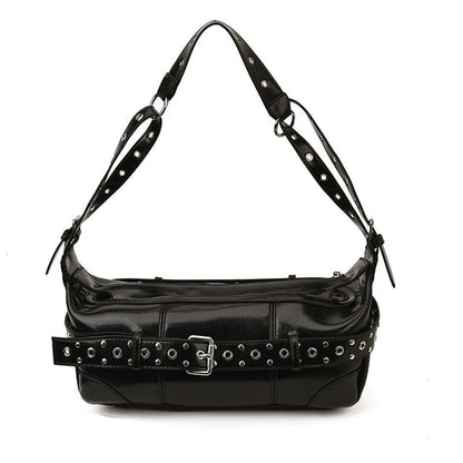 Grommet Belted Patent Leather Shoulder Bag