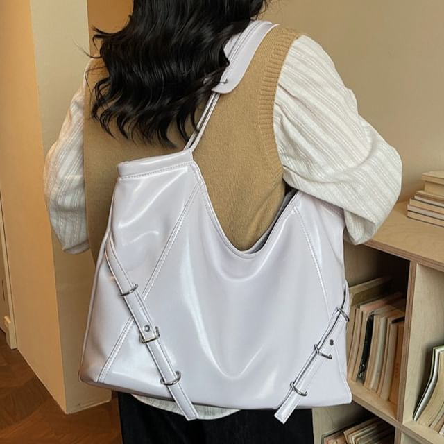 Buckled Panel Faux Leather Tote Bag