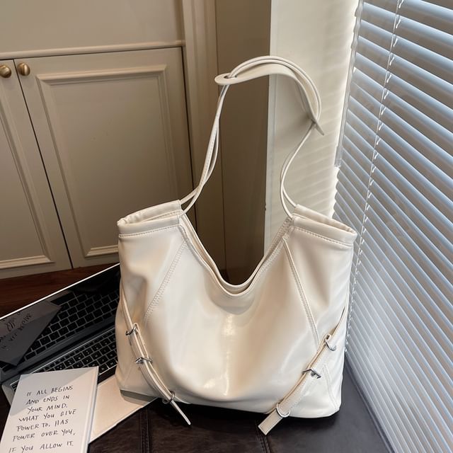 Buckled Panel Faux Leather Tote Bag