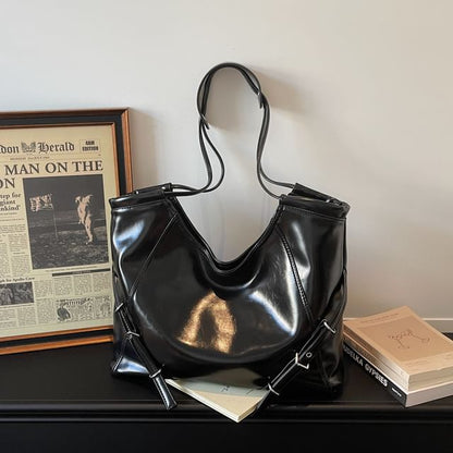 Buckled Panel Faux Leather Tote Bag