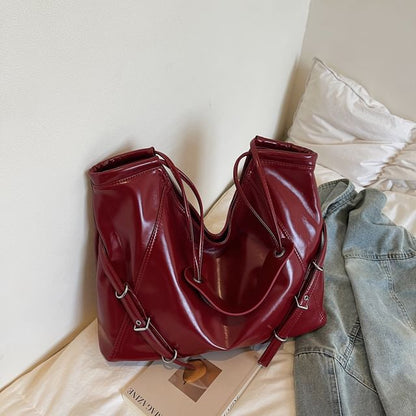 Buckled Panel Faux Leather Tote Bag