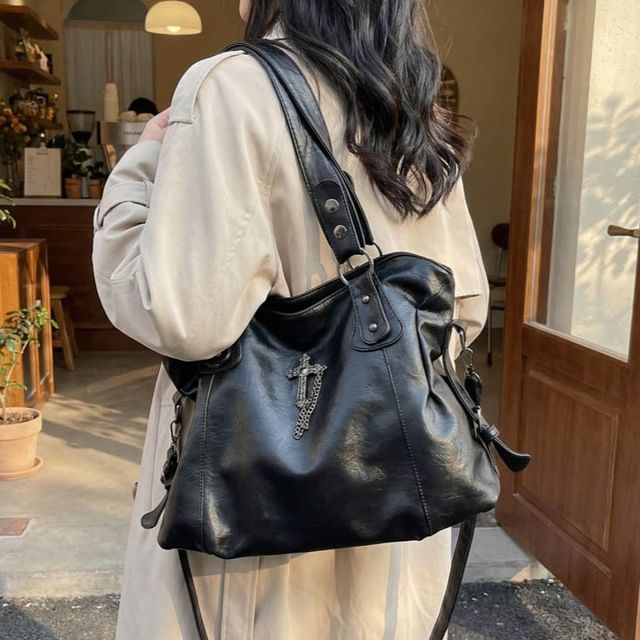 Cross Studded Crossbody Tote Bag
