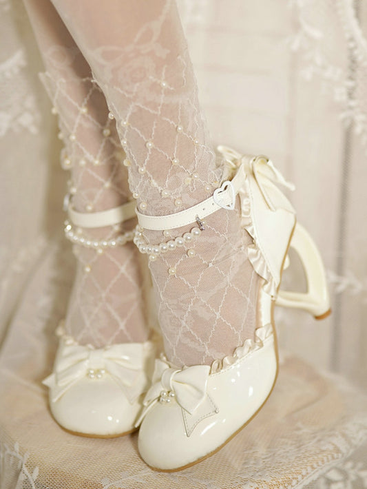 Elegant and Chain Sandals Detachable Heeled Heel Lolita - Heart-Shaped White with Beaded Leather PU