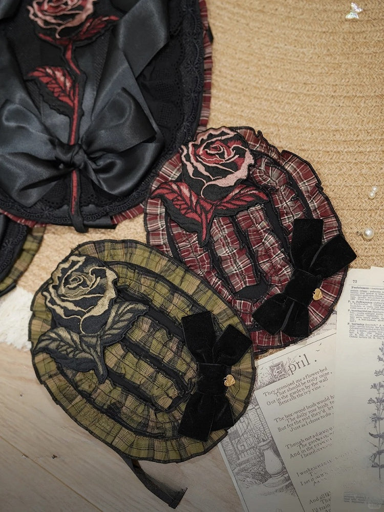 Ruffled with Green/Red Accent Hairband and Embroidery Lolita Black Plaid Bow Rose