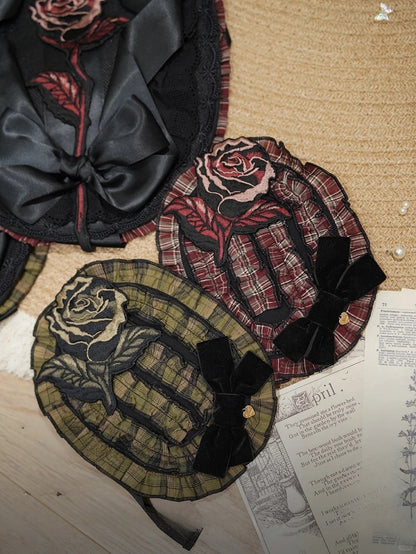 Ruffled with Green/Red Accent Hairband and Embroidery Lolita Black Plaid Bow Rose