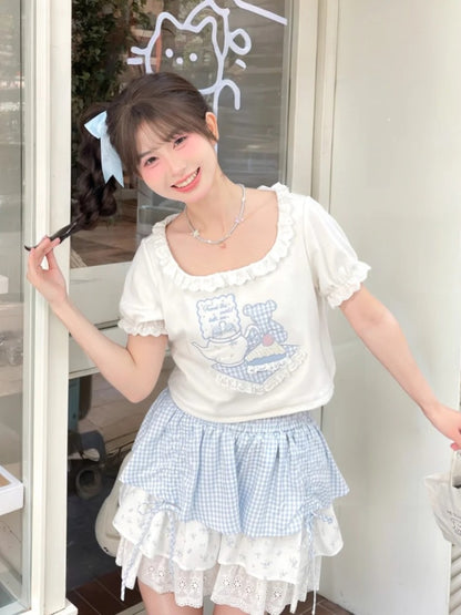 Bear Pattern Square Neck Puff Sleeves White T-Shirt Lace Trim Ruffled Plaid