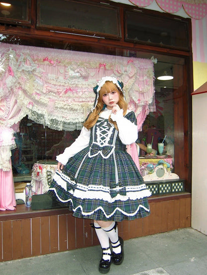 und Kleid karierte Puffärmel mit Akzenten Lolita-Schleife gewellter Rand süßes Grün