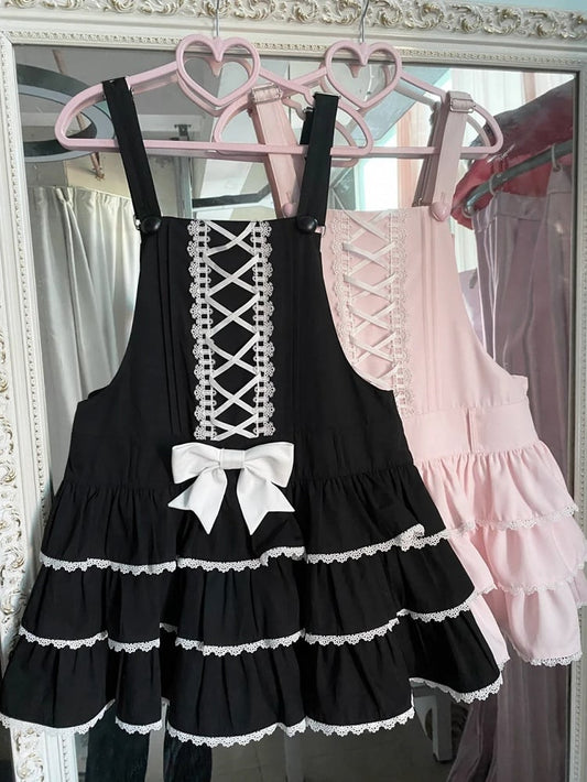 Ribbon Criss-cross Lolita Black Tiered Skirt Overall Design Dress Sweet