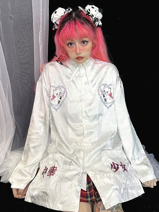 and Cat White Cheongsam Motif Blouse Dragon Sleeve with Long/Short