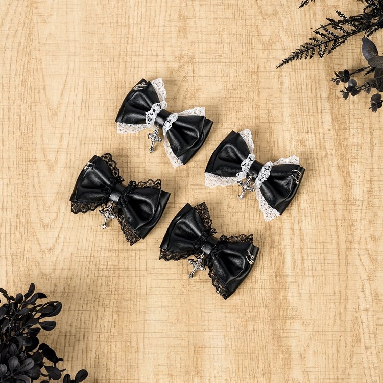 Charm with Cross Jirai / White Black Leather Lace Bow Hairclip Kei