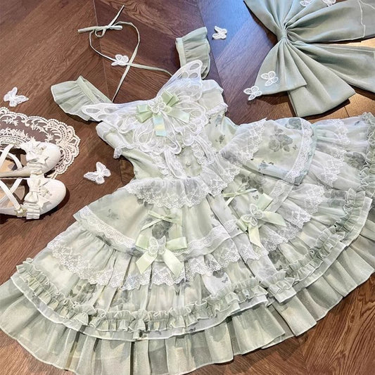Lolita White Green Butterfly JSK Short Dress – Fairy Princess Birthday Gown