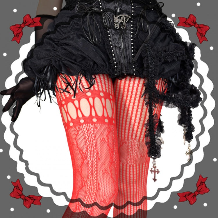 Red / Purple / Black / White Asymmetrical Cutout Fishnet Tights