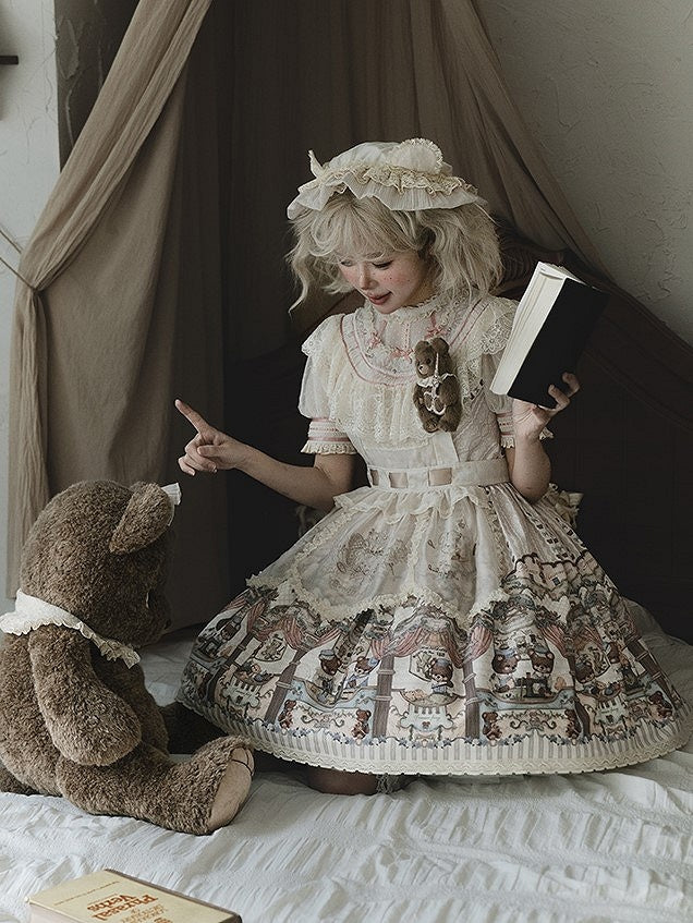 Dress Printed Bear Lolita Lace-Trimmed with Sweet Beige Accents Bow