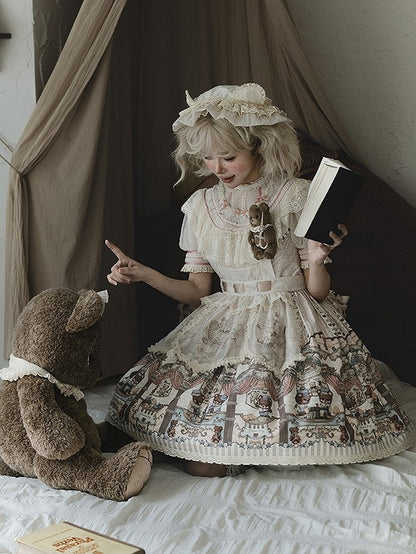 Dress Printed Bear Lolita Lace-Trimmed with Sweet Beige Accents Bow