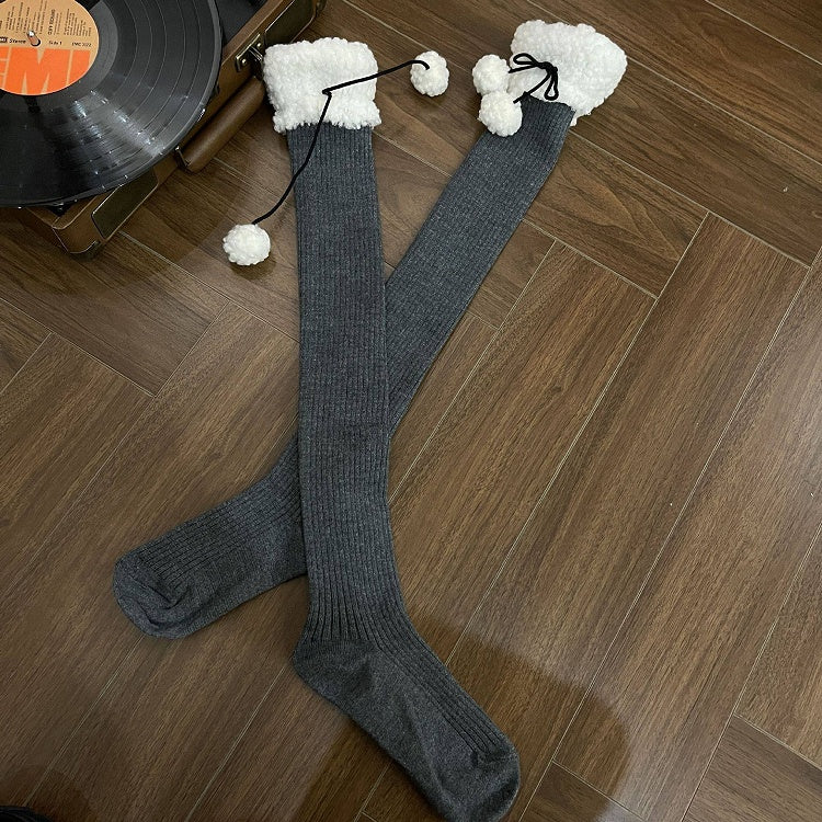 Stockings Ribbed with Pom-Poms Sherpa 5-Color Cuff