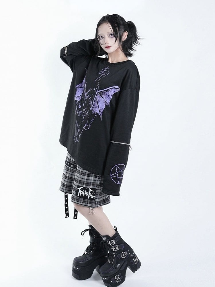 Dark Kawaii Purple & Black Hell Cat Graphic Embroidered Zip Sweatshirt - Tribuo Flos