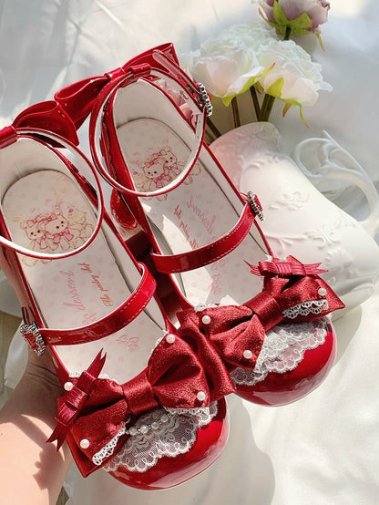 Red in Mid Top Heels Theme Dessert Bow Lolita Trim Lace Beads PU with Heel Sweet Decor