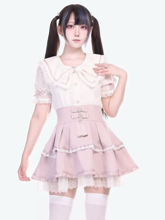 Blouse with Pink White Bowknots and Crown Brooch Jirai Kei Bowknot Collar