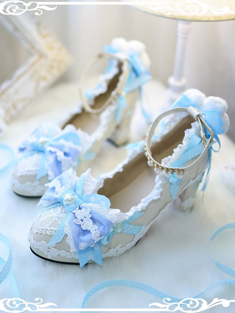 Sweet Plush at Bunny Block 5CM Lolita Bow Heels Decorated Shoes Blue Top
