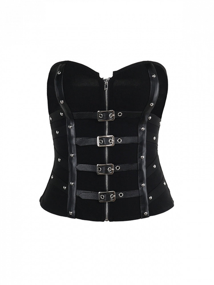 Straps Cyberpunk with Gothic Fishbone Halloween Zipper Bustier Buckle Vertical Black Adjustable