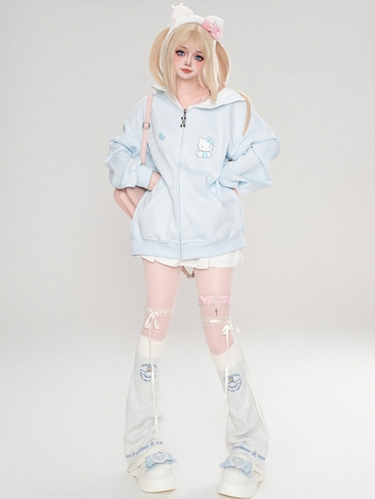 ピンク/ライトブルー/グレー/ブラック キティプリント セーラーカラー ジップ開閉 厚手スウェットシャツ