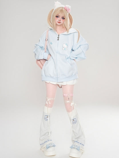 ピンク/ライトブルー/グレー/ブラック キティプリント セーラーカラー ジップ開閉 厚手スウェットシャツ