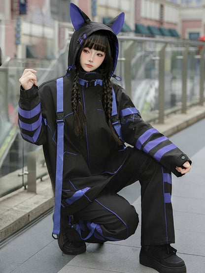 Black and Purple Techwear Buckle Straps Cat Ears Hooded Baggy Windbreaker Jacket