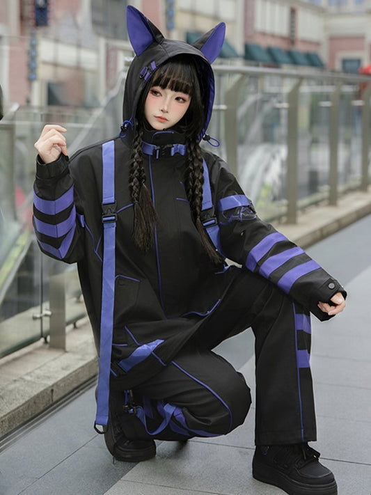 Black and Purple Techwear Buckle Straps Cat Ears Hooded Baggy Windbreaker Jacket