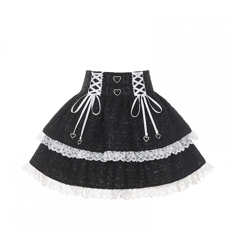 White Kei Skirt Lace-Up Black with Tweed Jirai Trim Lace Detail Tiered