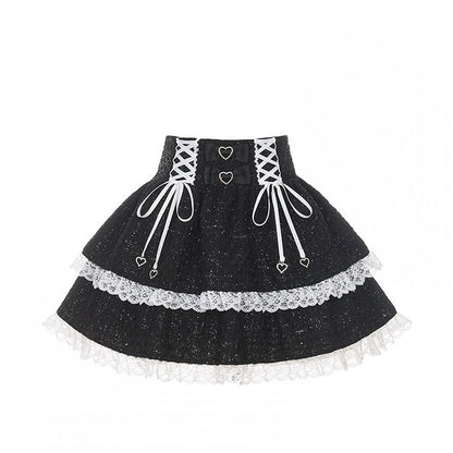 White Kei Skirt Lace-Up Black with Tweed Jirai Trim Lace Detail Tiered