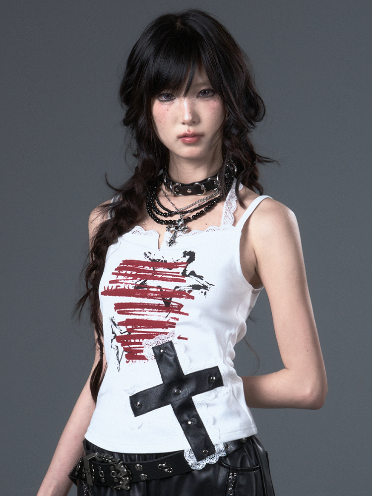 White Punk Star Graffiti Cami with Lace  Studded Cross Top