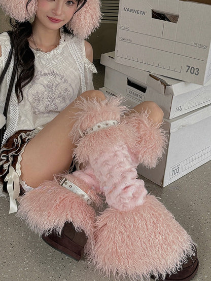 Pink Bowknot Stud Buckle Strap Shaggy Leg Warmers