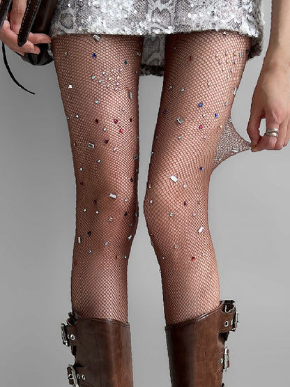 Rhinestone Fishnet Decorated White/Brown Tights