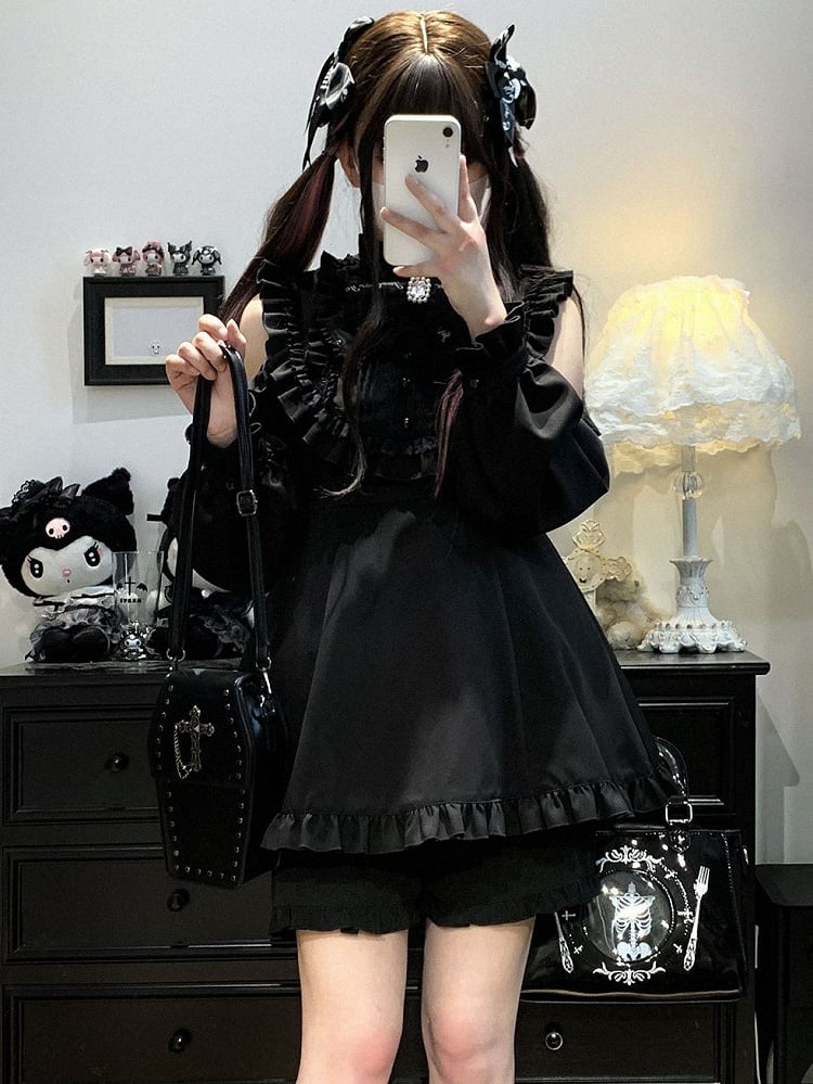 Cutout Jirai Blau/WeißSchwarz/Alle Farben Kei Mit Bluse Schwarz Shorts Schulter Solide