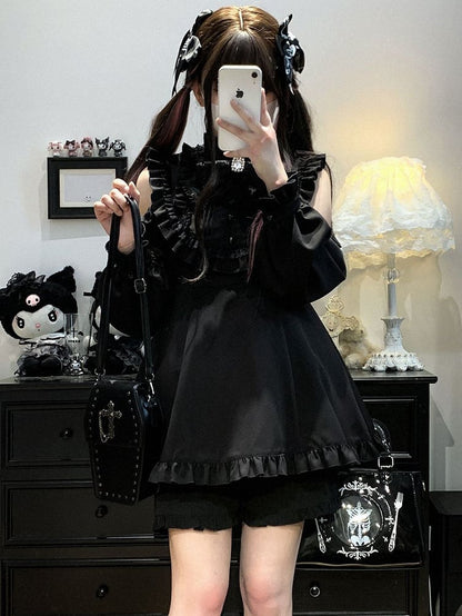 Cutout Jirai Blau/WeißSchwarz/Alle Farben Kei Mit Bluse Schwarz Shorts Schulter Solide