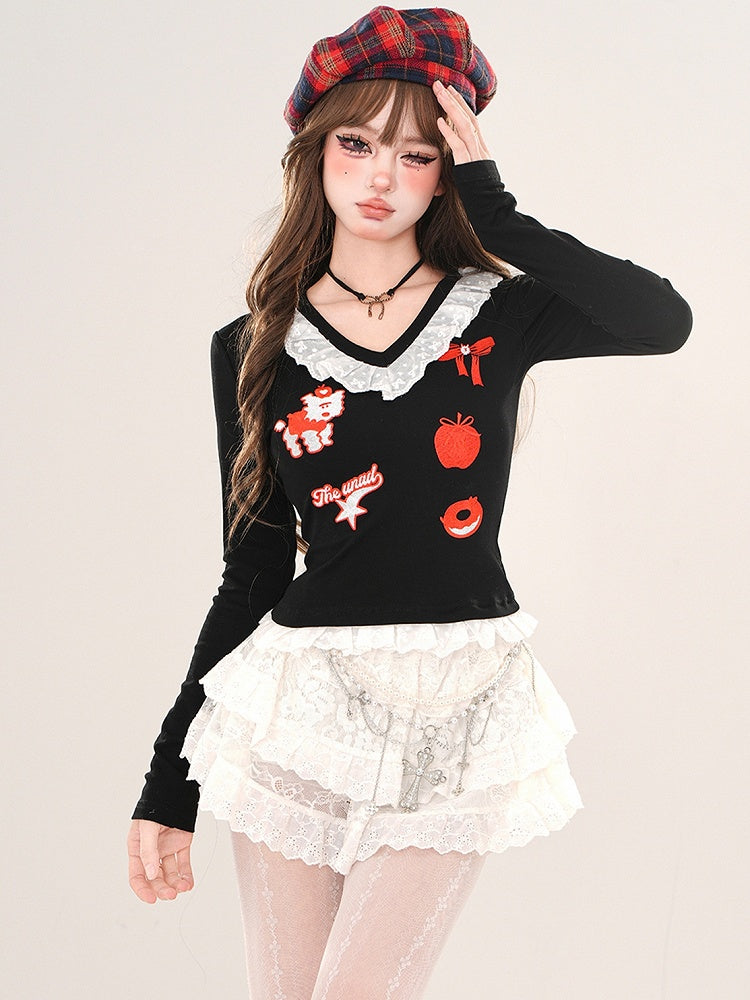 Schwarz/Graues Cartoon-Top mit V-Ausschnitt und Spitzenbesatz