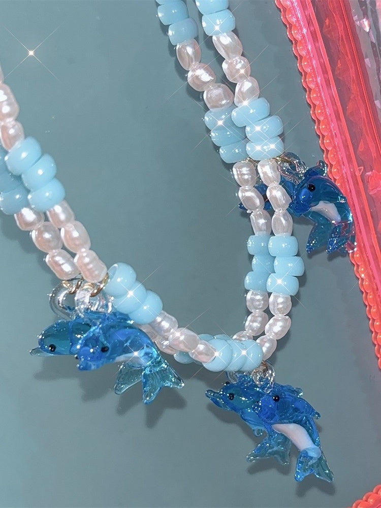 Halskette Blauer Anhänger Perlen Y2K Delfin