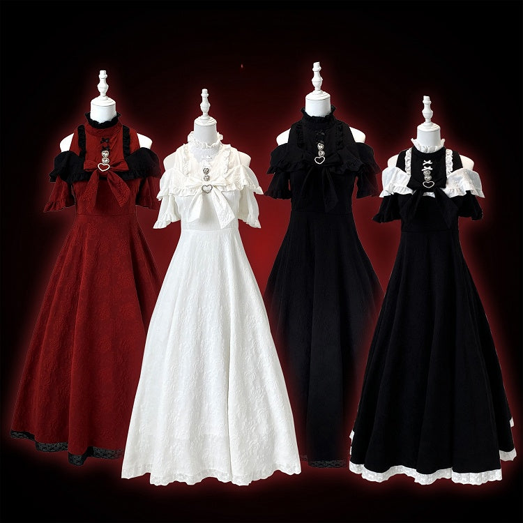 Extended Cutout Shoulder Jacquard Dress, Ruffle & Bow Trim, 4 Colors - Kitty Bxllet