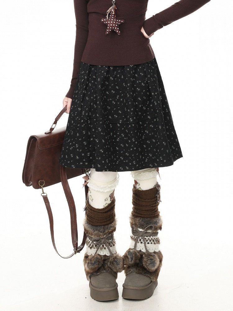 Vintage Autumn Kawaii Dark Gray Floral Pattern A-Line Skirt - Languid Park